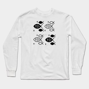 Black and white Christian Ichthys fish cross symbol (White background/ black text) Long Sleeve T-Shirt